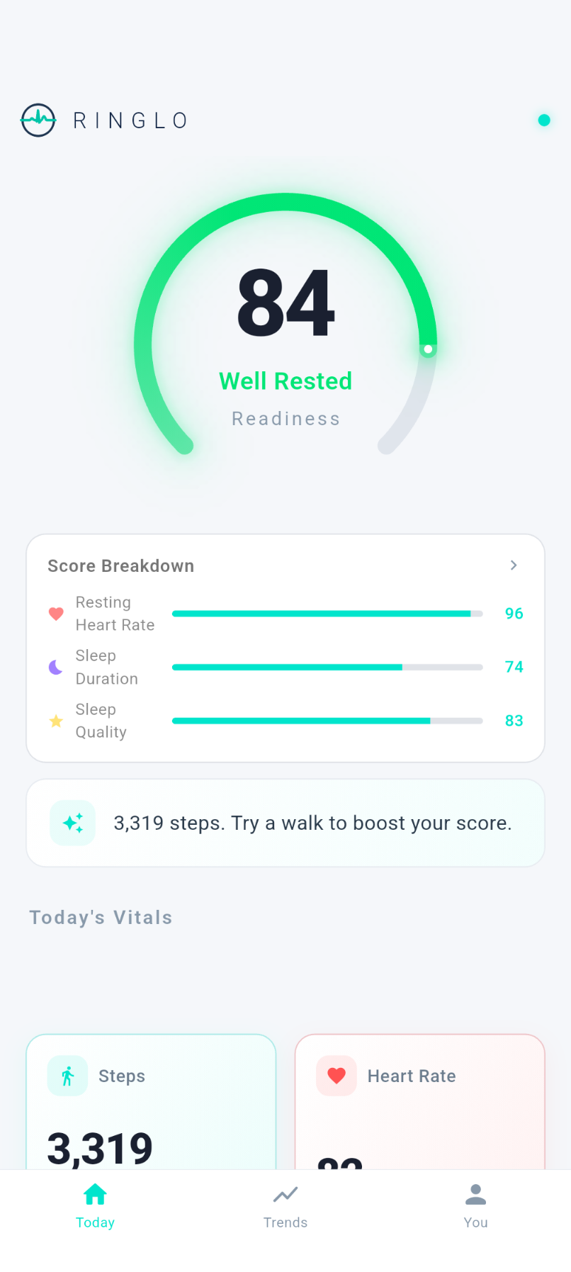 Ringlo app dashboard showing a readiness score of 84 (Well Rested)