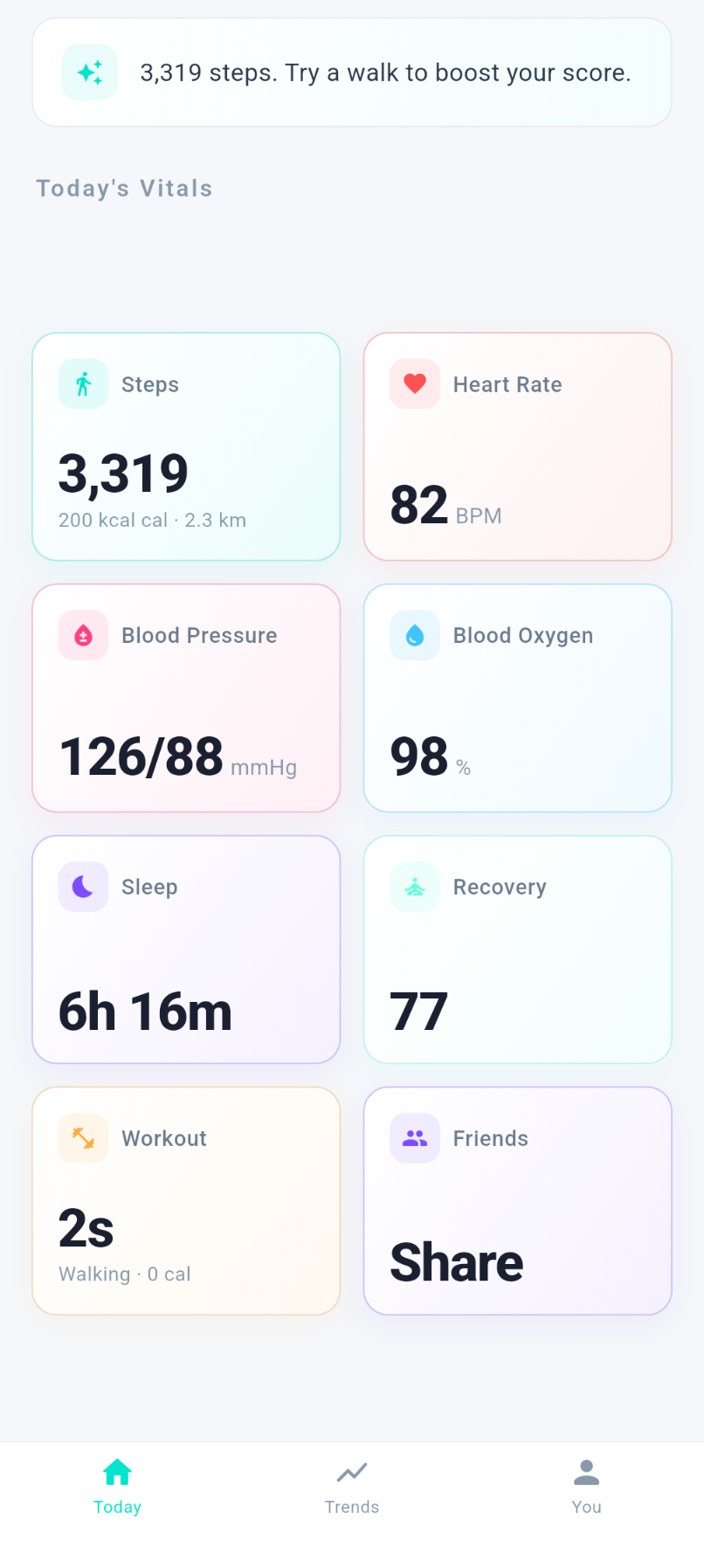 Ringlo metrics dashboard showing Steps, Heart Rate, Blood Pressure, Blood Oxygen, Sleep, Recovery, Workout, and Friends cards